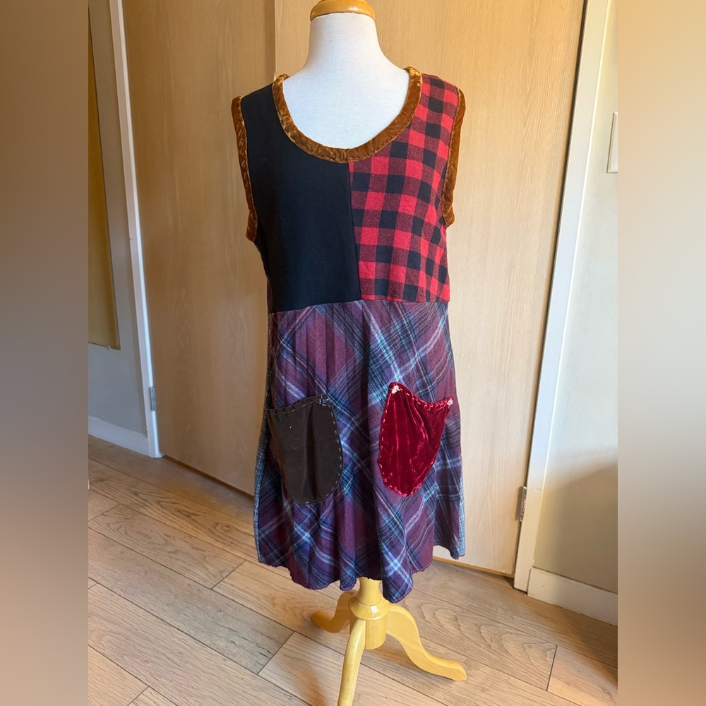 Eco-friendly Plaid Patchwork Sleeveless Dress Handmade  from recycled Sweaters